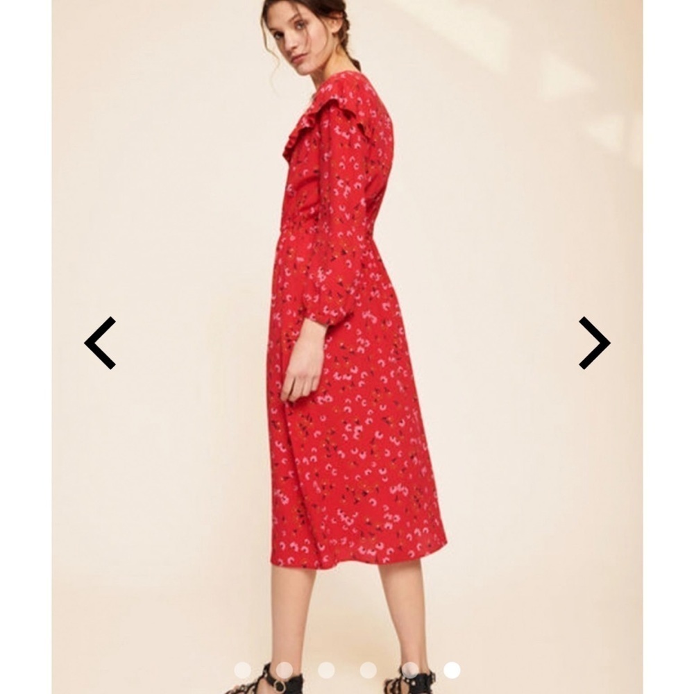 Tara Jarmon Red Midi Dress Women’s Long Sleeve Ruffled Button Front Floral 36 - Picture 2 of 10